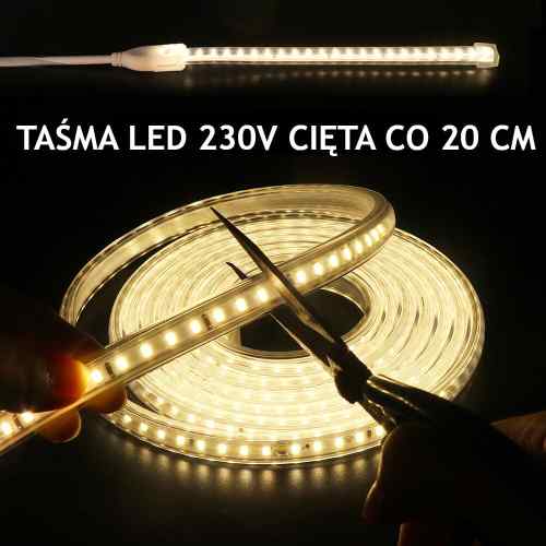 TAŚMA LED KLIK 230V 2835 120LED BIAŁA CIEPŁA CIĘTA CO 20 CM